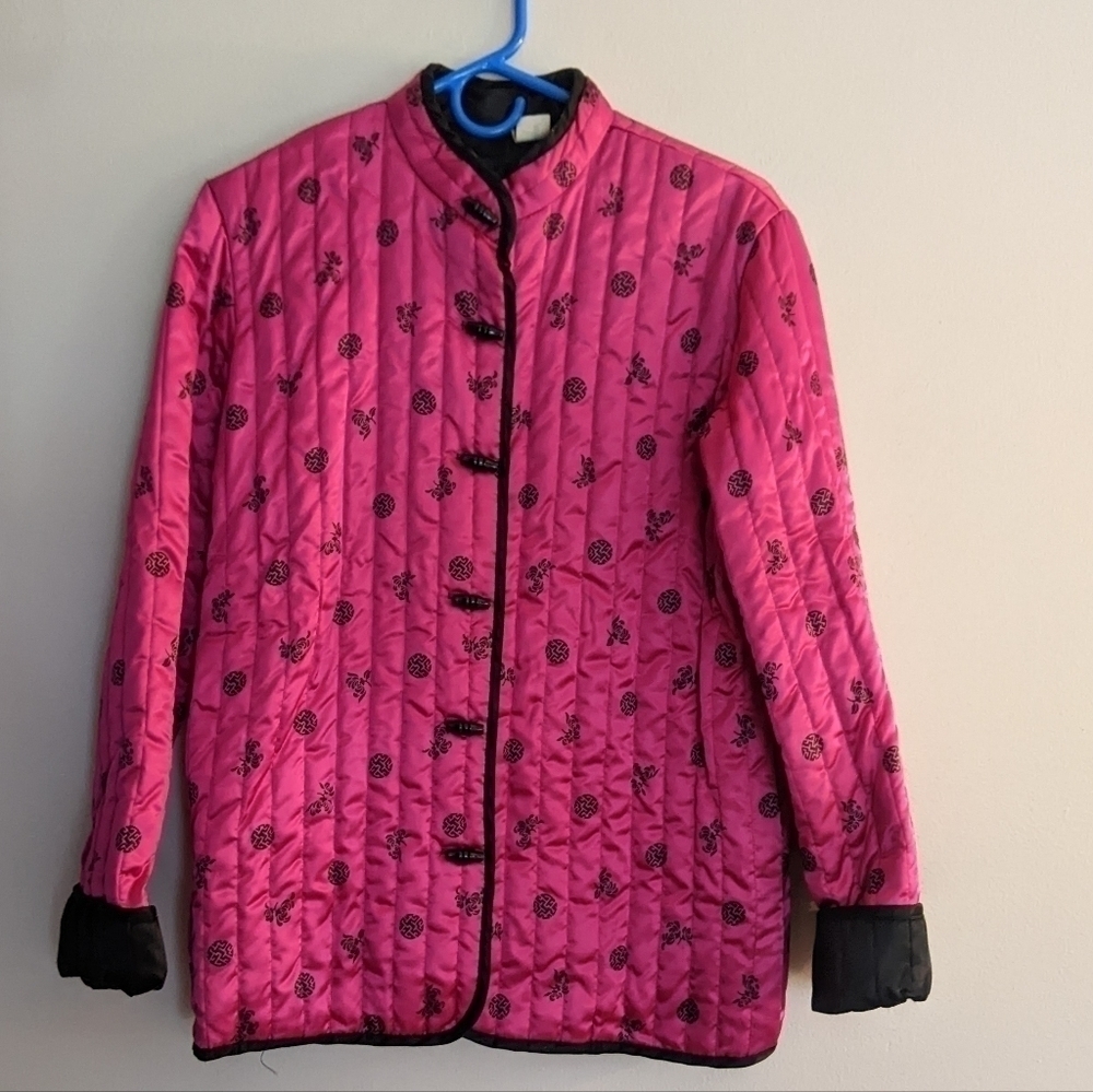 VINTAGE 90s Quilted Jacket Fuschia Medium Mandarin Collar
